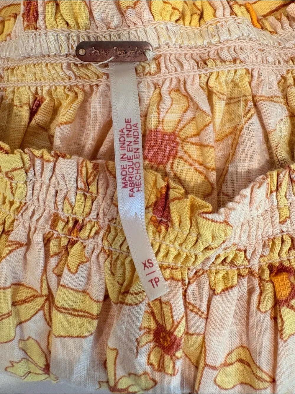 Free People Miss Daisy Floral Off-Shoulder Yellow and Brown Peasant Top Size S